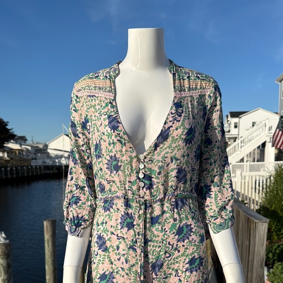 Blue and White Ruffled Midi Sundress with Plunge Neckline - Picture 2 of 16